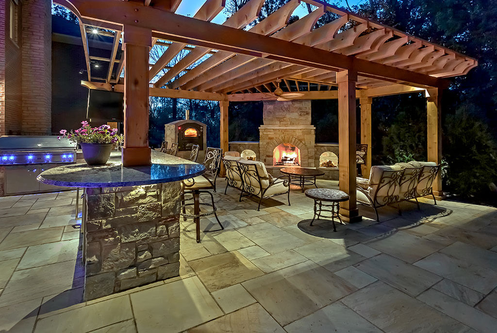 Backyard pergola and fireplace