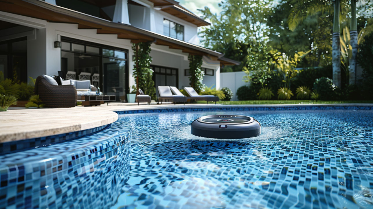 Advanced pool robot cleaning an expansive inground swimming pool in a lush backyard setting.