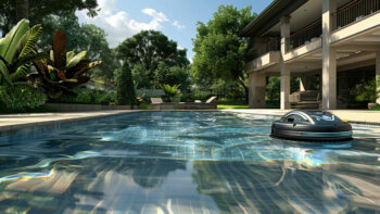 Robotic pool cleaner autonomously navigating the clear waters of a luxury inground pool.