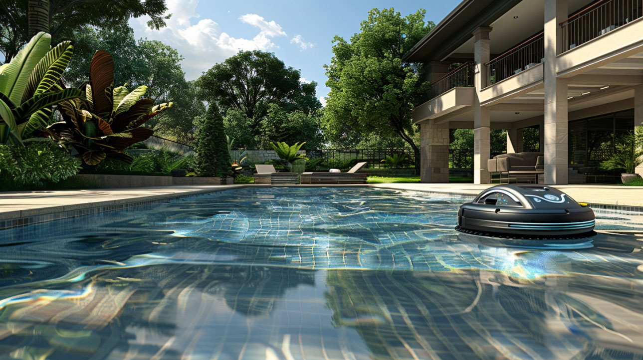 Robotic pool cleaner autonomously navigating the clear waters of a luxury inground pool.
